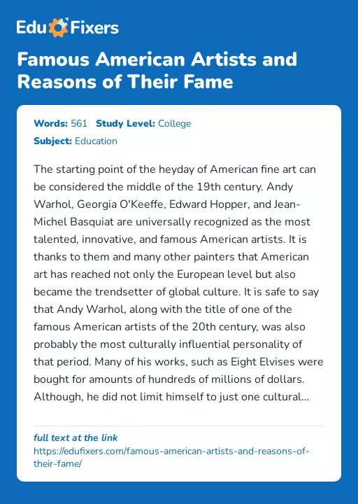 Famous American Artists and Reasons of Their Fame - Essay Preview