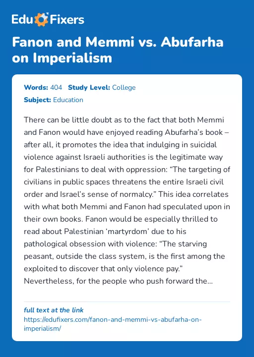 Fanon and Memmi vs. Abufarha on Imperialism - Essay Preview