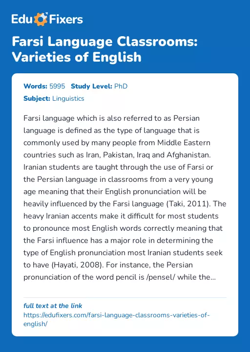 Farsi Language Classrooms: Varieties of English - Essay Preview
