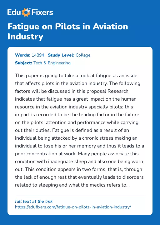 Fatigue on Pilots in Aviation Industry - Essay Preview