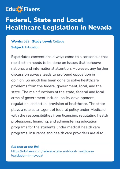 Federal, State and Local Healthcare Legislation in Nevada - Essay Preview