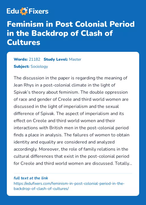Feminism in Post Colonial Period in the Backdrop of Clash of Cultures - Essay Preview