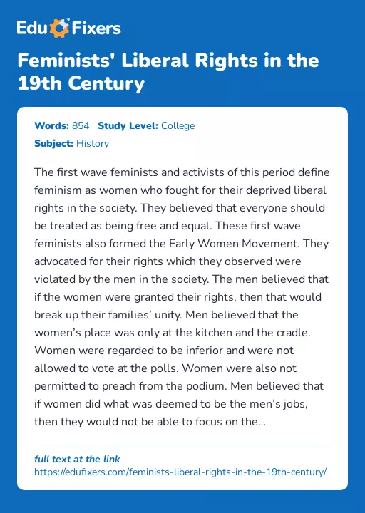 Feminists' Liberal Rights in the 19th Century - Essay Preview