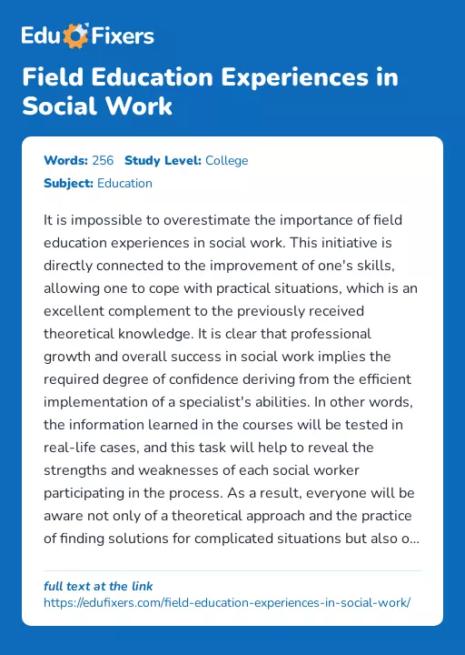 Field Education Experiences in Social Work - Essay Preview
