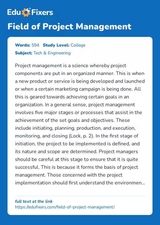 Field of Project Management - Essay Preview