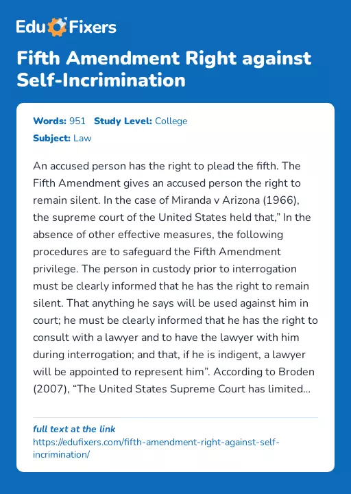 Fifth Amendment Right against Self-Incrimination - Essay Preview
