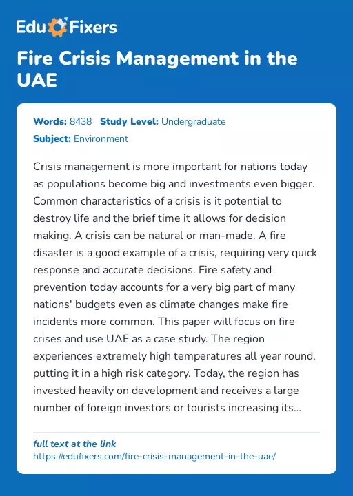 Fire Crisis Management in the UAE - Essay Preview
