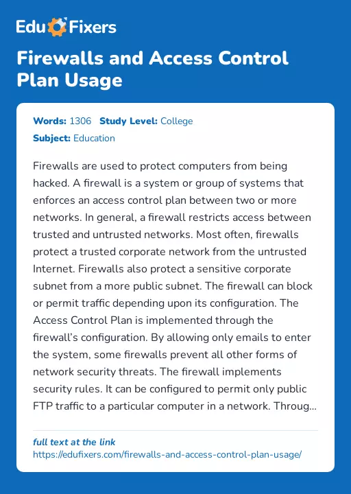 Firewalls and Access Control Plan Usage - Essay Preview