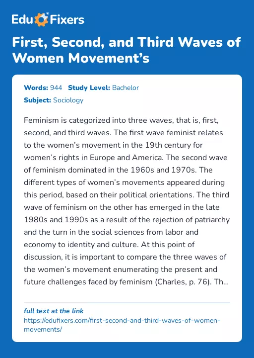 First, Second, and Third Waves of Women Movement’s - Essay Preview