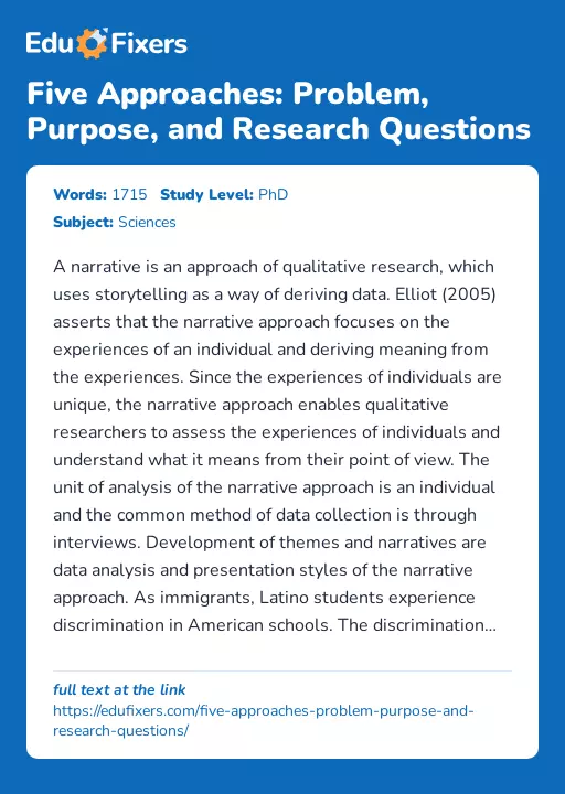 Five Approaches: Problem, Purpose, and Research Questions - Essay Preview