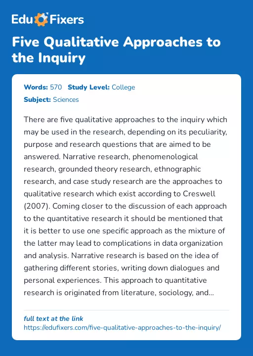 Five Qualitative Approaches to the Inquiry - Essay Preview