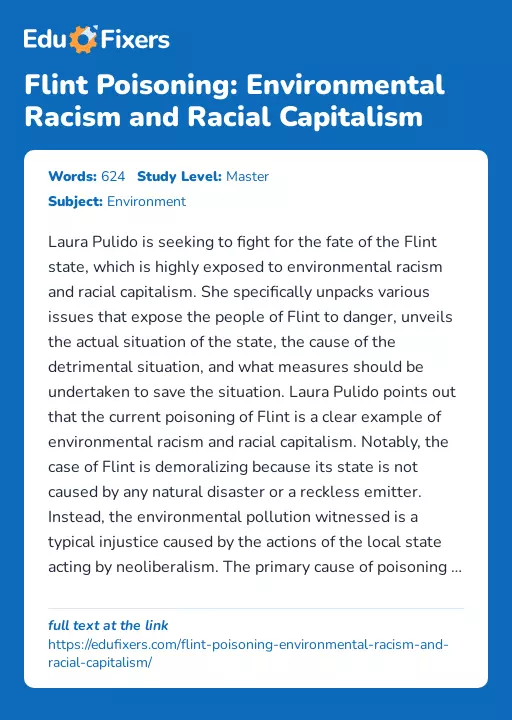 Flint Poisoning: Environmental Racism and Racial Capitalism - Essay Preview