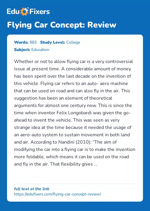 Flying Car Concept: Review - Essay Preview