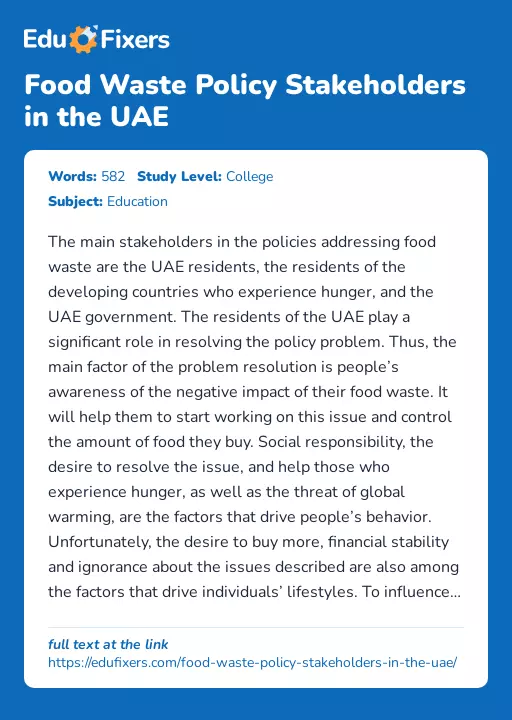 Food Waste Policy Stakeholders in the UAE - Essay Preview