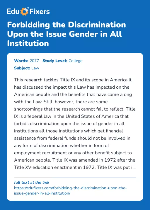 Forbidding the Discrimination Upon the Issue Gender in All Institution - Essay Preview