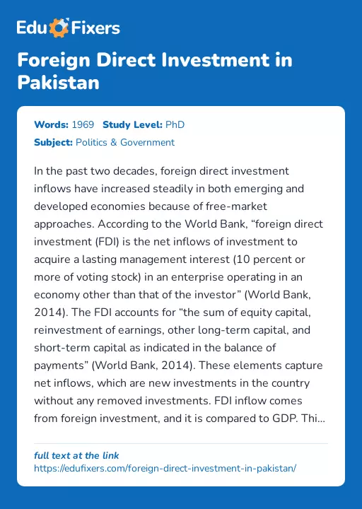 Foreign Direct Investment in Pakistan - Essay Preview