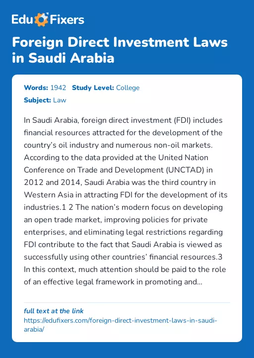 Foreign Direct Investment Laws in Saudi Arabia - Essay Preview