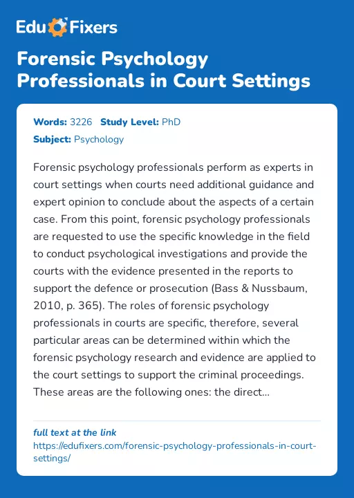 Forensic Psychology Professionals in Court Settings - Essay Preview