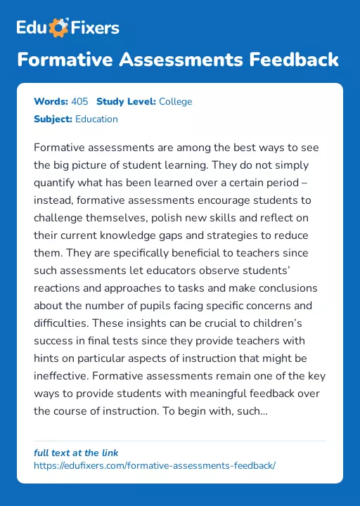 Formative Assessments Feedback - Essay Preview