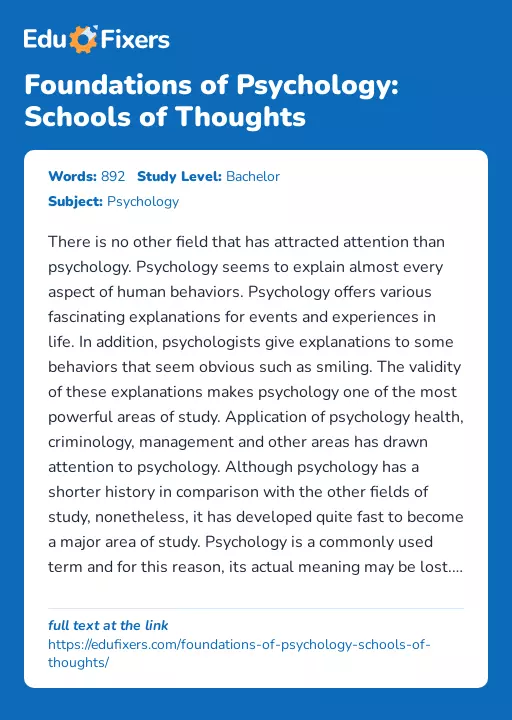 Foundations of Psychology: Schools of Thoughts - Essay Preview