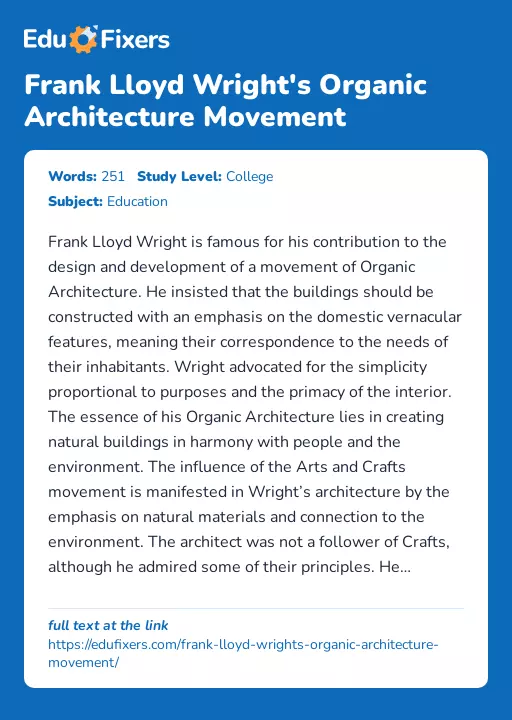 Frank Lloyd Wright's Organic Architecture Movement - Essay Preview