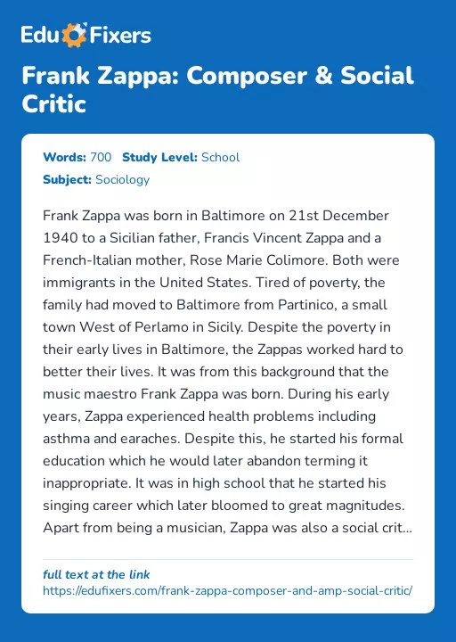 Frank Zappa: Composer & Social Critic - Essay Preview