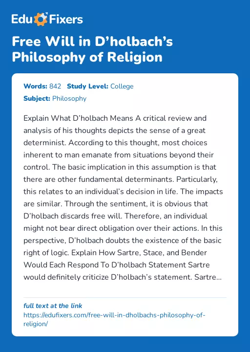 Free Will in D’holbach’s Philosophy of Religion - Essay Preview