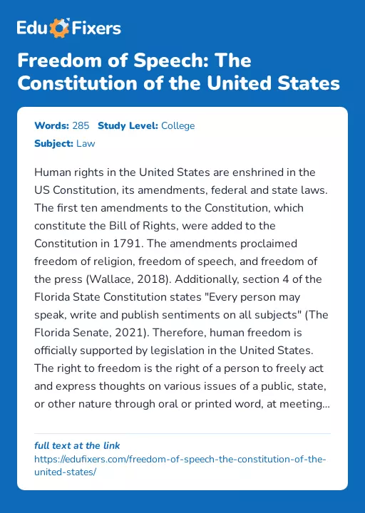 Freedom of Speech: The Constitution of the United States - Essay Preview