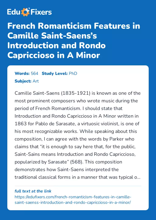French Romanticism Features in Camille Saint-Saens’s Introduction and Rondo Capriccioso in A Minor - Essay Preview