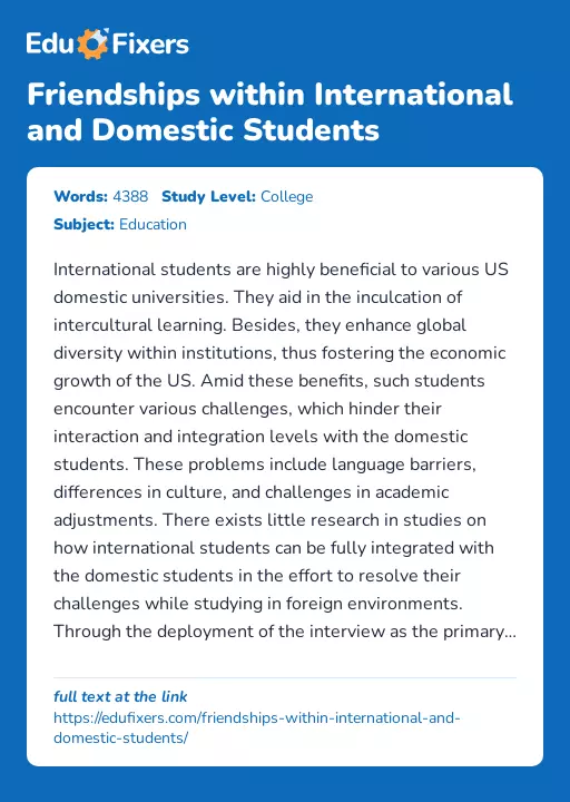 Friendships within International and Domestic Students - Essay Preview