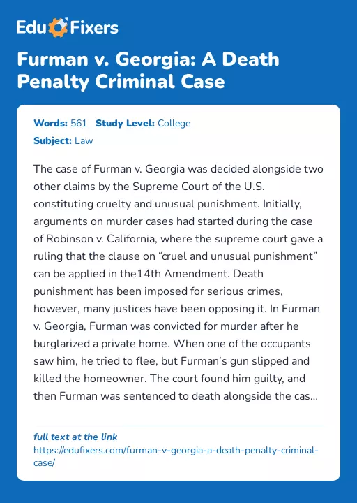 Furman v. Georgia: A Death Penalty Criminal Case - Essay Preview