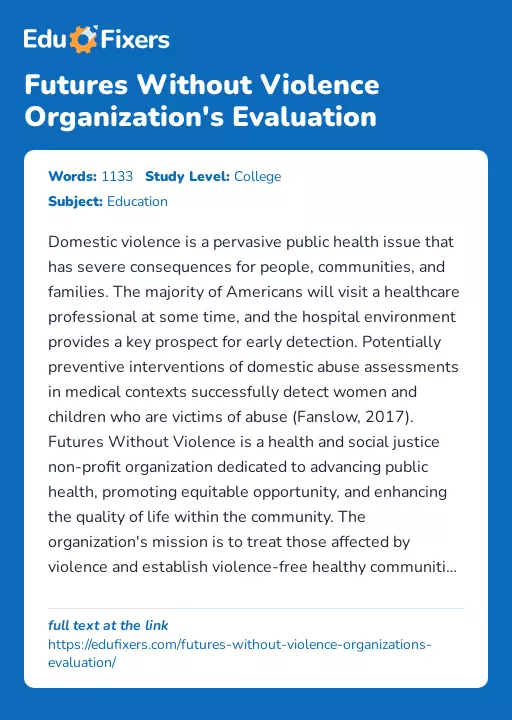 Futures Without Violence Organization's Evaluation - Essay Preview