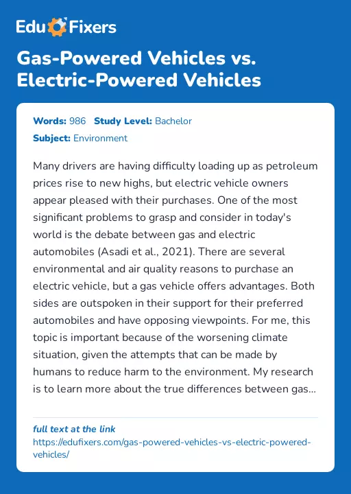 Gas-Powered Vehicles vs. Electric-Powered Vehicles - Essay Preview