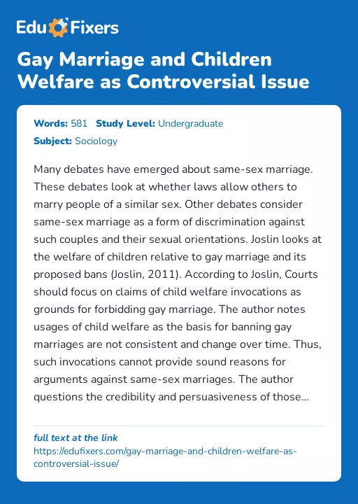 Gay Marriage and Children Welfare as Controversial Issue - Essay Preview