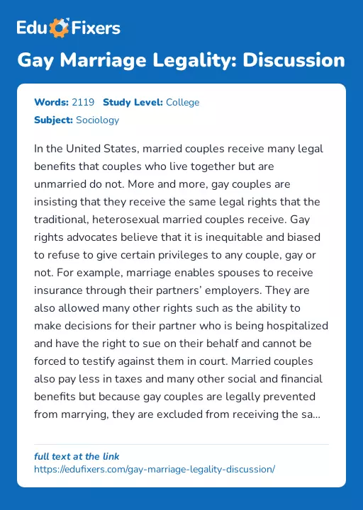 Gay Marriage Legality: Discussion - Essay Preview
