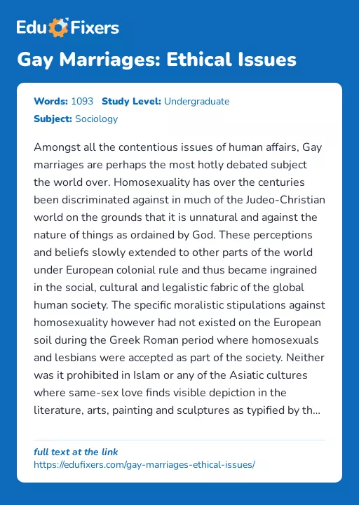 Gay Marriages: Ethical Issues - Essay Preview