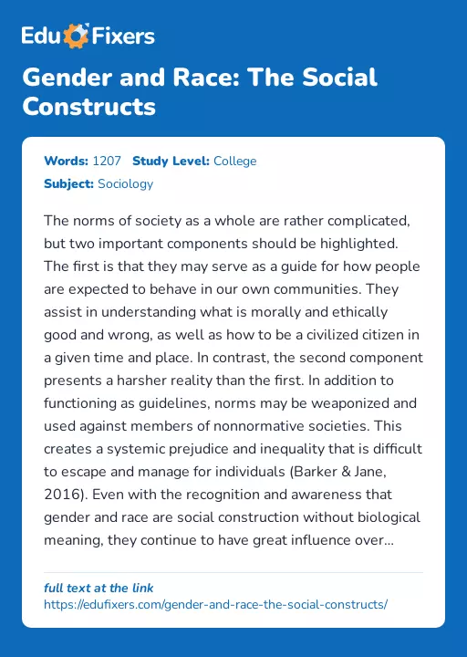 Gender and Race: The Social Constructs - Essay Preview