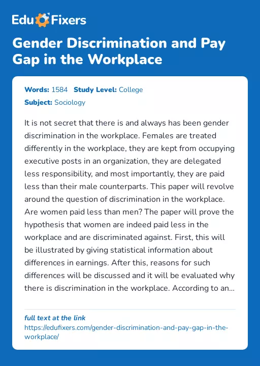 Gender Discrimination and Pay Gap in the Workplace - Essay Preview