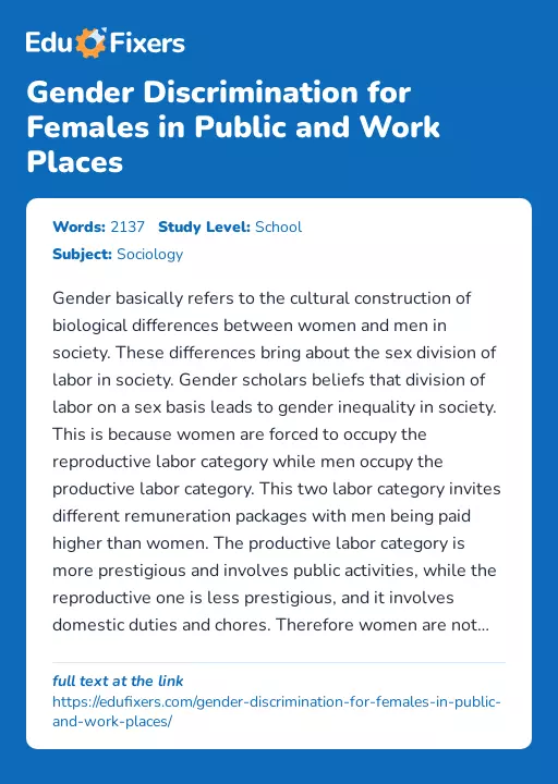 Gender Discrimination for Females in Public and Work Places - Essay Preview