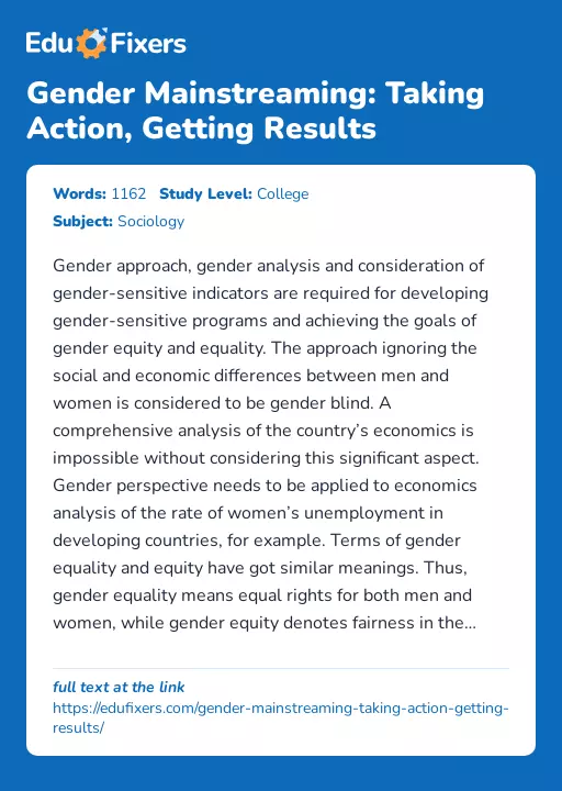 Gender Mainstreaming: Taking Action, Getting Results - Essay Preview