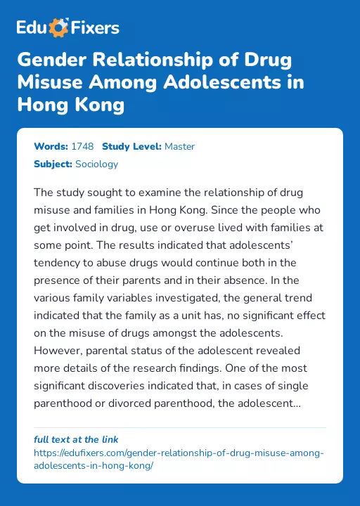 Gender Relationship of Drug Misuse Among Adolescents in Hong Kong - Essay Preview