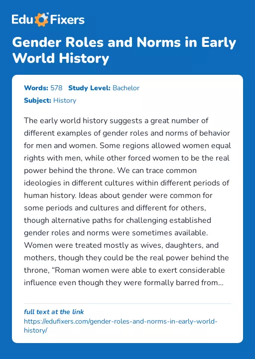 Gender Roles and Norms in Early World History - Essay Preview