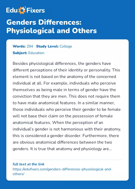 Genders Differences: Physiological and Others - Essay Preview