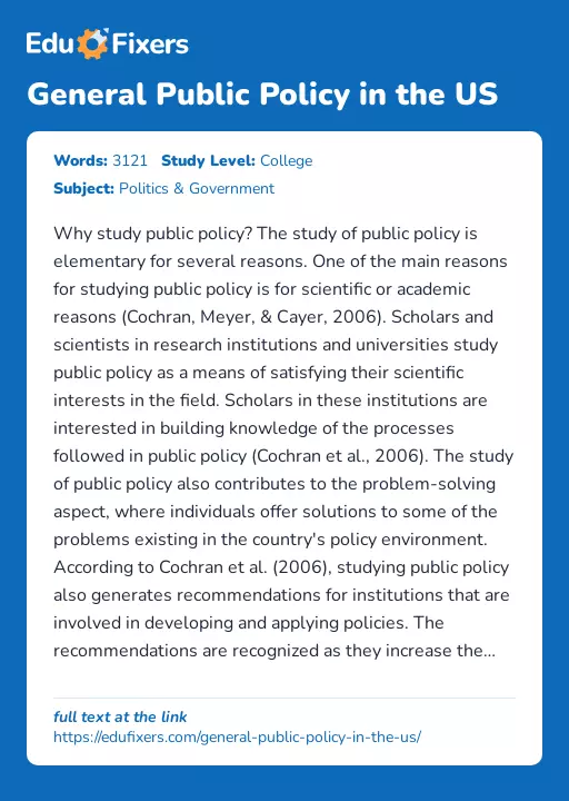 General Public Policy in the US - Essay Preview
