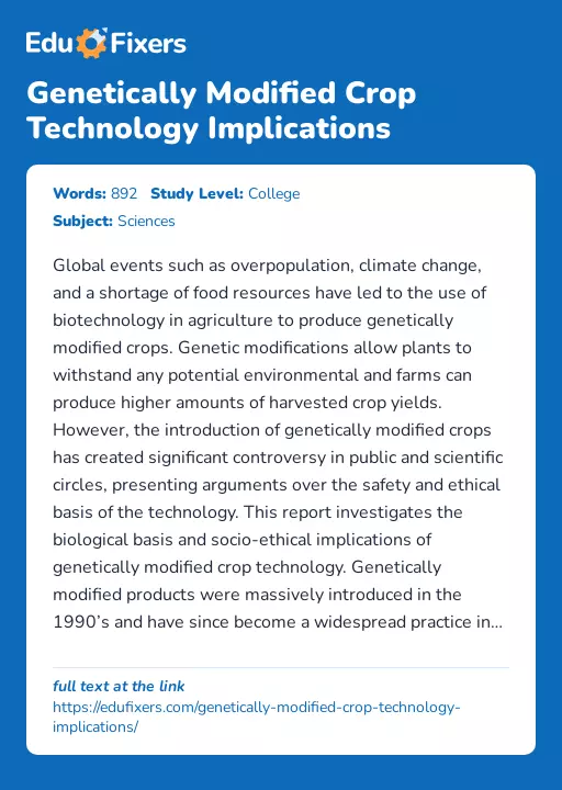 Genetically Modified Crop Technology Implications - Essay Preview