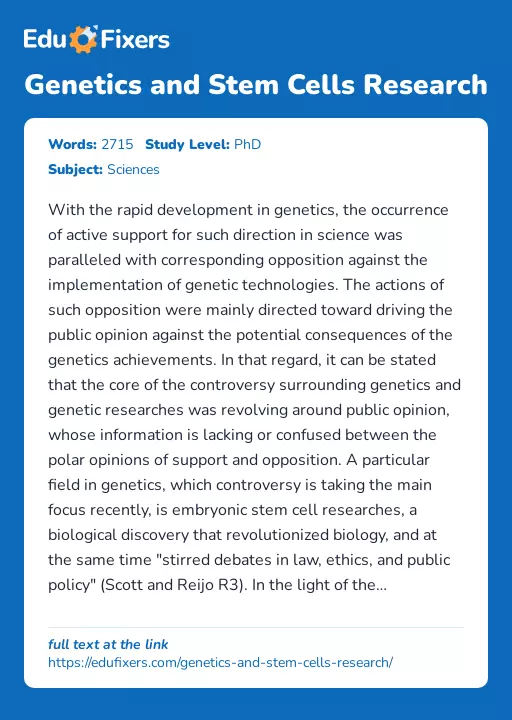 Genetics and Stem Cells Research - Essay Preview
