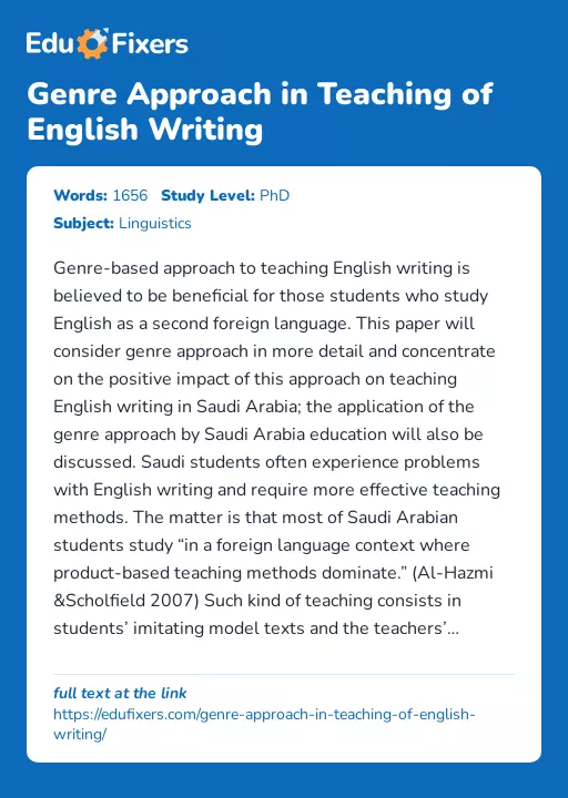 Genre Approach in Teaching of English Writing - Essay Preview