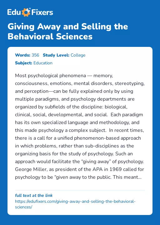 Giving Away and Selling the Behavioral Sciences - Essay Preview