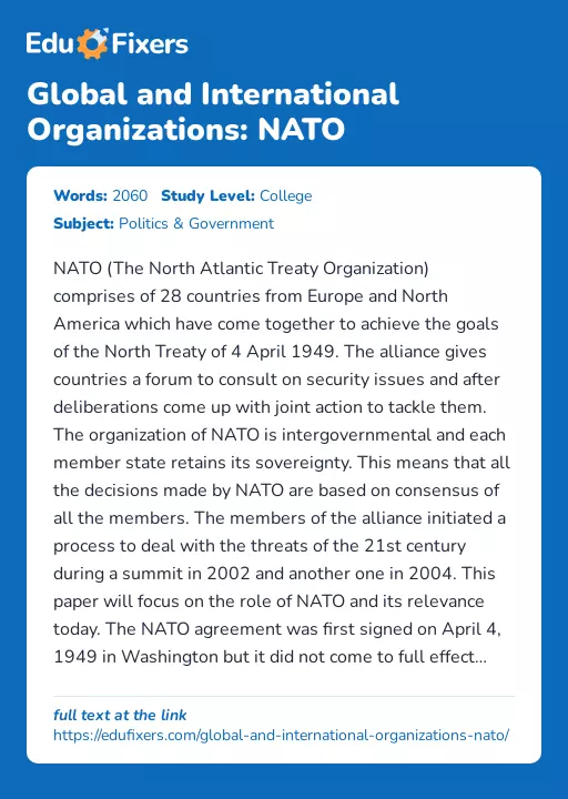 Global and International Organizations: NATO - Essay Preview