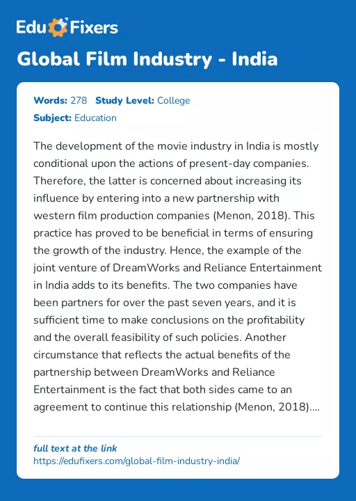 Global Film Industry - India - Essay Preview